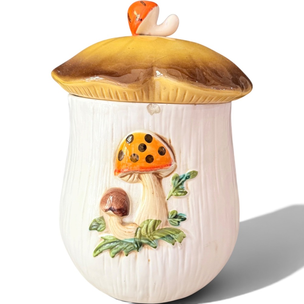 Merry Mushroom Canister Jar Sears Ceramic Retro Kitchen Storage 70s Cookie Jar